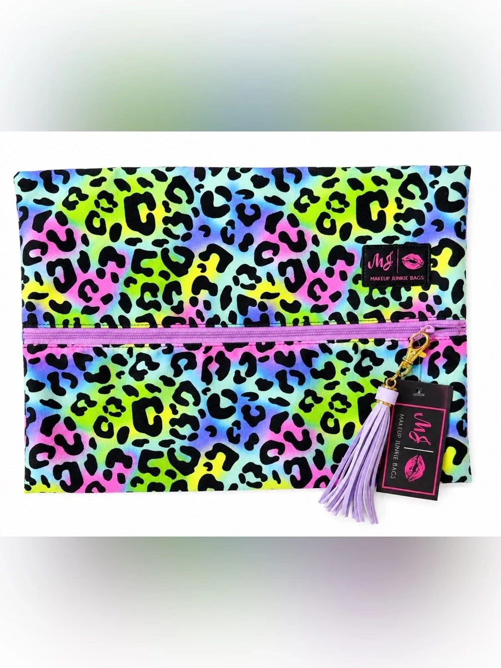 Makeup Junkie Neon Leopard LARGE Cosmetic Pouch-Multi-Color with Purple Tassel